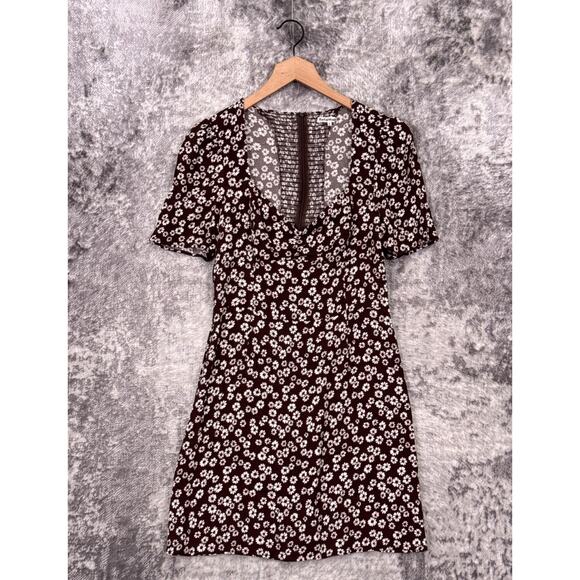Reformation Dresses & Skirts - Reformation Dress 12 Womens Chocolate Brown Floral Plunge Smocked Mini
